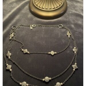 Ann Taylor Necklace Silver Tone Etched Silver Spacers Faux Pearls 3 Strand Layer